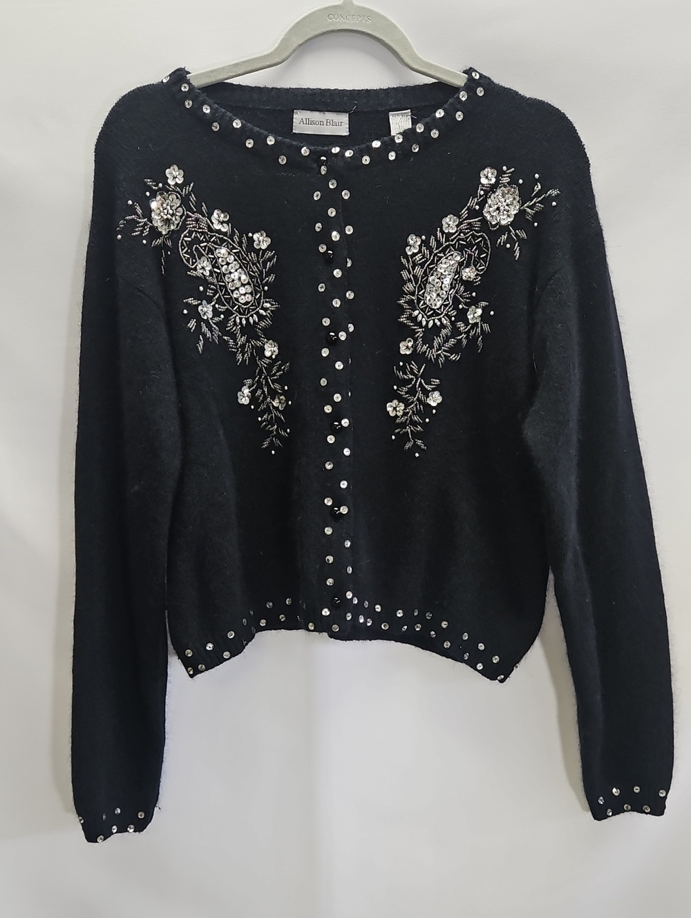 Allison Blair Beaded Angora Wool Cardigan Sweater Black Embellished Vintage